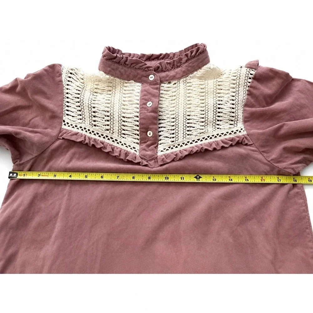 Zara Boho Dusty Pink 3/4 sleeve Corduroy‎ crochet  Ruffles Cotton Top X Small - Picture 7 of 8